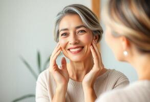 Woman with grey hair smiling while touching her face photo