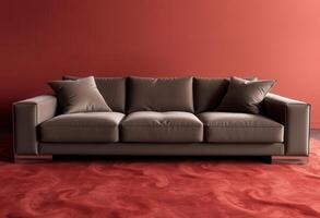 Brown Leather Sofa with Cushions on Red Rug photo