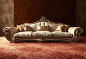 Ornate Gold-Trimmed White Sofa in Front of a Brown Wall photo