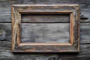 Rustic Wooden Frame on Weathered Wood Background photo
