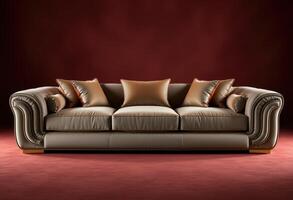 A luxuriously designed gray leather sofa with gold accents and pillows photo