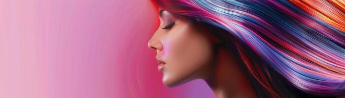A Womans Profile with Vividly Colored Hair Against a Pink Background photo