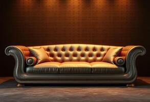 Elegant Gold Leather Sofa with Button Tufted Upholstery photo