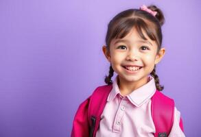 Portrait of a Smiling Young Girl with Pink Backpack photo