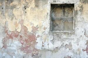 Weathered Wall with a Window and Peeling Paint photo