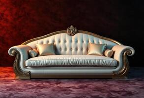 Ornate White Sofa with Gold Trim and Pillows on a Purple Carpet photo