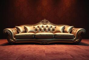 Gold and Ornate Sofa with Cushions Against a Red Velvet Background photo