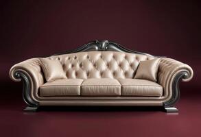 Elegant Beige Leather Sofa with Ornate Design photo
