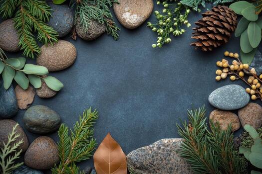 Natural Elements Frame with Pine, Stone, and Eucalyptus photo