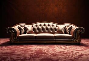 Luxurious Brown Leather Sofa with Gold Accents photo