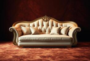 Ornate White Leather Sofa with Gold Accents photo