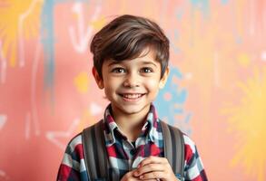 Smiling Boy Wearing Plaid Shirt and Backpack Against Colorful Background photo