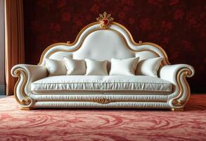 White Ornate Sofa with Gold Trim on a Red and White Carpet photo