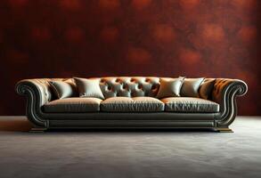 A Luxurious Leather Sofa with Ornate Detailing Against a Red Wall photo
