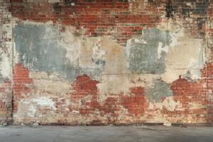 Weathered Brick Wall with Peeling Plaster and Concrete Floor photo