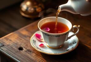 Tea being poured into a delicate porcelain cup with pink petals photo