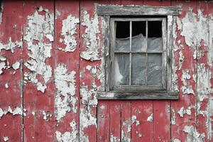 Weathered Red Wooden Wall with Peeling Paint and a Window photo