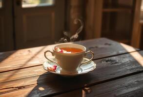 Steaming Cup of Tea with Rose Petals on a Wooden Table photo