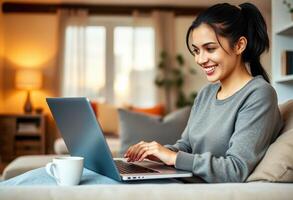 Woman Sitting on a Couch, Using Laptop and Smiling photo