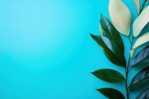 Green and White Leaves on a Turquoise Background photo