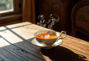 A Cup of Tea with a Rose Petal in a Sunny Setting photo