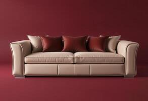 Beige Leather Sofa with Red Pillows Against a Red Wall photo