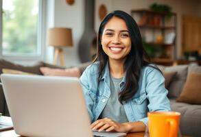 Smiling Woman Working on Laptop in a Living Room photo