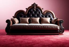 Ornate Black Leather Sofa with Gold Accents and Pillows photo