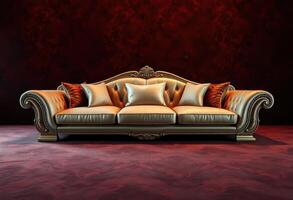 Elegant Gold Couch with Ornate Details Against a Red Background photo