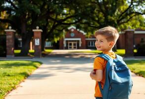 Smiling Boy with Backpack Walking Away from School Building photo