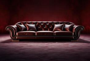 A luxurious burgundy leather couch with button tufting and pillows photo