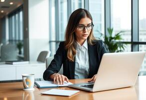 Businesswoman working at a desk with a laptop and notepad photo