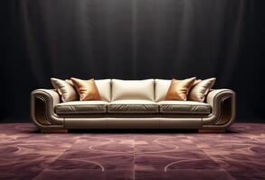 Luxurious White Leather Sofa with Gold Accents and Pillows photo