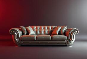 Elegant Silver Leather Sofa with Pillows Against a Red and Grey Background photo