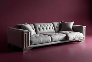White tufted sofa with gold trim on a maroon background photo