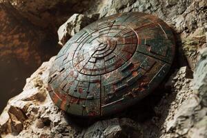 A Rusty Metal Disk Embedded In Rough Stone photo