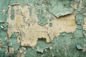 Weathered Green and Beige Wall with Flaking Paint photo