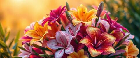 Close-Up of Multicolored Lilies with Blurred Background photo