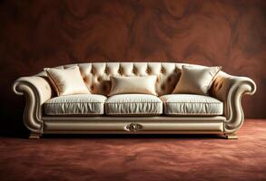 White Leather Sofa with Gold Trim and Buttons in Front of Brown Wall photo