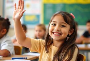 Smiling Girl Raises Hand in Classroom photo