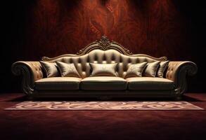 Ornate Golden Sofa with Cushions in Front of a Red Wooden Wall photo