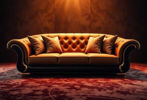 Luxurious Leather Sofa with Gold Accents and Pillows photo