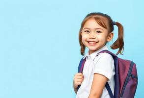 Smiling Schoolgirl with Backpack Against a Blue Background photo