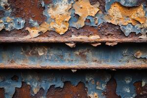 Rusted Metal Surface with Peeling Paint and Two Exposed Beams photo