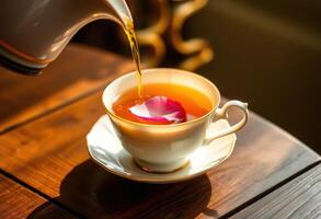 Pouring Tea into a Cup with a Rose Petal photo