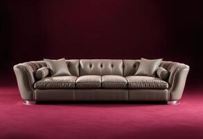 Beige Leather Sofa with Pillows on Red Background photo