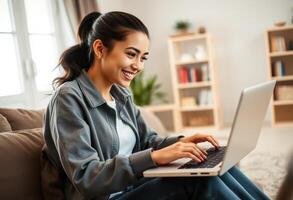 Young Woman Smiling While Typing on Laptop photo