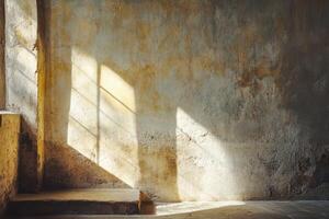 Sunlight Illuminating a Weathered Stone Wall with a Shadow of a Window photo