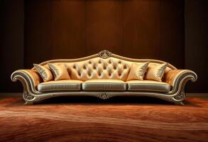 Elegant Gold Upholstered Sofa with Intricate Carvings photo