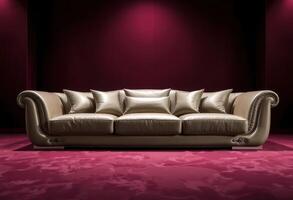 White Leather Sofa with Pillows in Front of a Red Wall photo